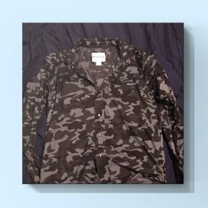 Black Army Print Button Up